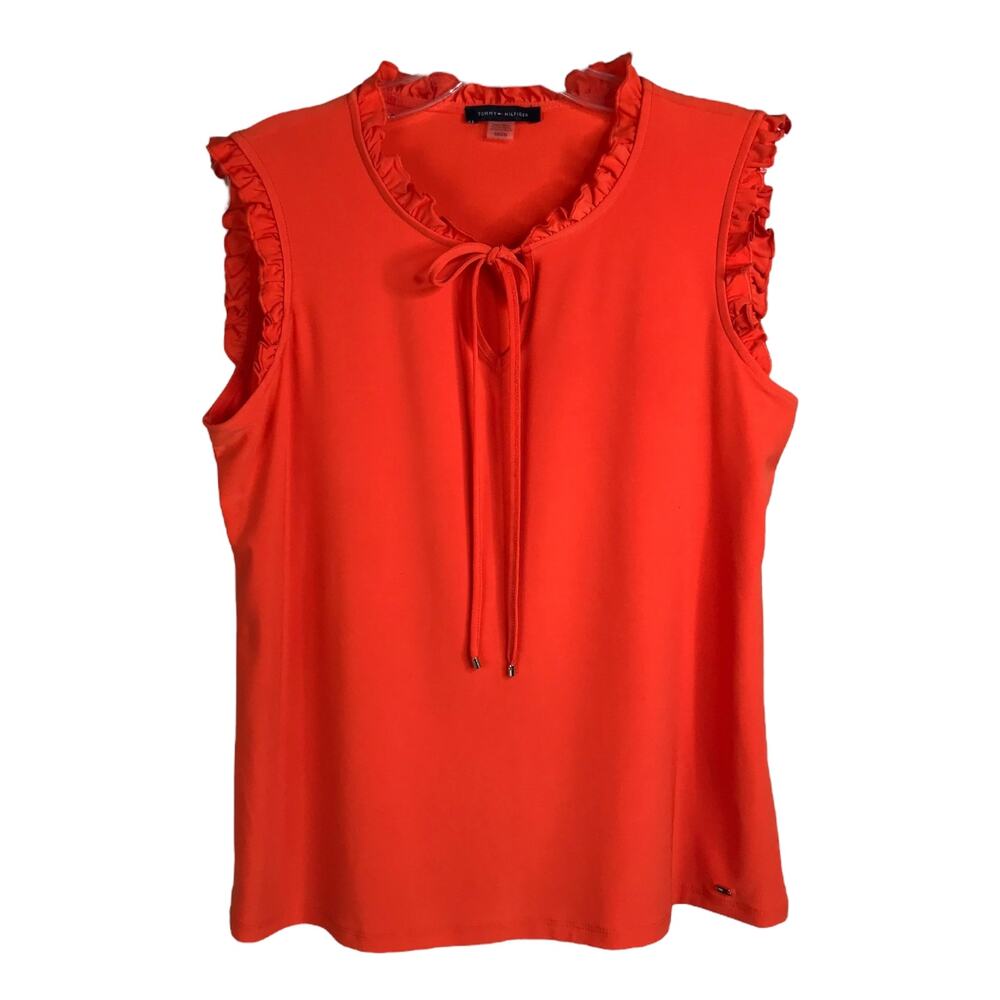Tommy Hilfiger Top‎ Wmns Size Medium Orange Front Tie Ruffle Edging Timeless